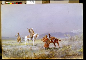 Sokolnictwo (Sokolnictwo). Jeźdźcy z Azji Środkowej szkolą sokoły do ​​polowania na stepach. Obraz Nikołaja Nikołajewicza Karasina (1842-1908), olej na płótnie autorstwa Nikolai Nikolaevich Karazin