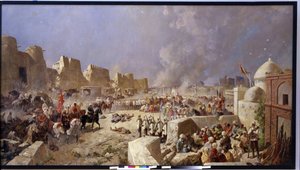 Armia rosyjska najeżdża Samarkandę (Uzbekistan) (armia rosyjska najeżdża Samarkandę). Okres rosyjskiej ekspansji w Azji Środkowej, Rosjanie zajęli Samarkandę w 1868 r. Obraz Nikołaj Nikołajewicz Karasin (1842-1908), olej na płótnie 1888. Sztuka