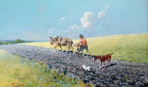 ""orka"" Chłop orający swoje pola, Rosja Obraz Nikołaj Nikołajewicz Karasin (1842-1908) 1899 Wymiary 16,5x27,5 cm Kolekcja prywatna