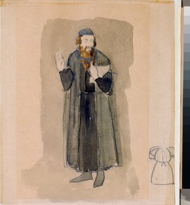 Kostium przygotowawczy, lichwiarz, do sztuki teatralnej „Avare Knight” Aleksandra Puszkina (1799-1837) (projekt kostiumów do sztuki teatralnej Skąpiec rycerza Puszkina) - dzieło Nikołaja Pawłowicza Uljanowa (Ulyanov) (1875) -1949), ołówek i