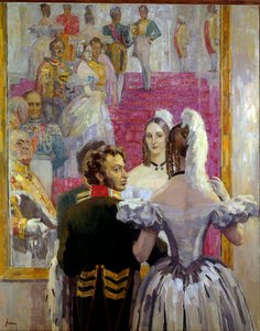 Rosyjski poeta Aleksander Puszkin (Puszkin) (1799-1837) i jego żona Natalia Gontczarowa (Gonczarowa) na balu pałacowym Aniczkofa. Obraz Nikołaja Pawłowicza Uljanowa (Uljanowa) (1875-1949)