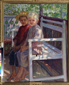 Dzieci (Dzieci). Dwoje dzieci, jedno o blond włosach, drugie o brązowych włosach, siedzi boso na ławce w słońcu. Obraz Nikołaja Pietrowicza Bogdanowa Belskiego (Bogdanow-Belski) (Bogdanow Belski) (Bogdanow-Belski) (1868-1945). Olej na płótnie