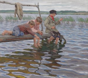 Chłopcy łowią ryby na molo autorstwa Nikolai Petrovich Bogdanov Belsky