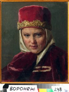 Boyar Woman (Bojar, Boiar) (Żona bojara). Noszenie tradycyjnych strojów starej Rosji, w Wielkim Księstwie Moskiewskim. Obraz Nikołaja Wasiljewicza Nevreva (1830-1904), olej na płótnie