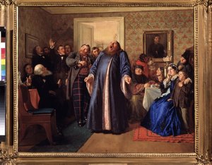 Protodiakon na uczcie imieninowej kupca. Obraz Nikołaja Wasiljewicza Niewrewa (1830-1904), olej na płótnie, ok. 1860 r. XIX-wieczna sztuka rosyjska. Państwowa Galeria Tretiakowska, Moskwa