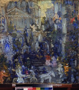 Dekoracja przygotowawcza do spektaklu „Maska Czerwonej Śmierci” (Maska Czerwonej Śmierci) Edgara Allana Poe (1809-1849). Praca Nikołaja Nikołajewicza Sapunowa (Sapunowa) (1880-1912), tempera na tekturze, ok. 190 autorstwa Nikolaj Nikolaevic Sapunov