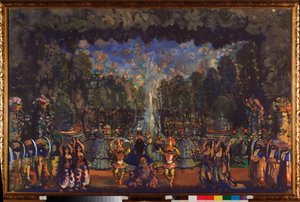 Ceremonia turecka. Dekoracja przygotowawcza do spektaklu „Bourgeois gentilhomme” Moliera (1622-1673). Praca Nikołaja Nikołajewicza Sapunowa (Sapunowa) (1880-1912), tempera na płótnie autorstwa Nikolaj Nikolaevic Sapunov