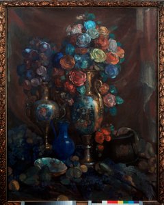 Martwa natura (Wazony, kwiaty i owoce) - Martwa natura (Wazony, kwiaty i owoce) - Grafika Nikołaja Nikołajewicza Sapunowa (Sapunowa) (1880-1912), tempera na płótnie