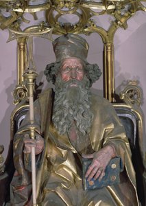Ołtarz Isenheim, św. Antoni Pustelnik, szczegół św. Antoniego, ok. 1490 złota farba na drewnie