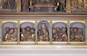 Drewniane rzeźby Chrystusa i Dwunastu Apostołów, z predelli retabulum Ołtarza Isenheim, ok. 1490 (drewno malowane)