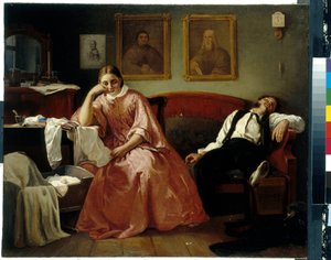 Pierwszy miesiąc (scena z życia rodzinnego, zmęczona młoda para marnieje w pobliżu kołyski pszczół) (pierwszego miesiąca) - Obraz Nikołaja Andriejewicza Koshelewa (1840-1918), olej na płótnie (61,4x73,6 cm) ) - Państwowa Galeria Tretiakowska, Moskwa autorstwa Nikolay Andreyevich Koshelev