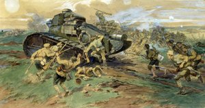 Zdobycie czołgu na Krymie. Scena bitwy podczas rosyjskiej wojny domowej (1917-1923), przeciwstawiającej się Białej Armii Czerwonej Gwardii. Praca Nikołaja Siemionowicza Samokisza (1860-1944), akwarela na papierze autorstwa Nikolay Semenovich Samokish