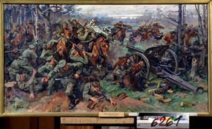 Kawaleria rosyjska szarżująca na artylerię niemiecką w 1915 r. (Kawaleria rosyjska szarżująca na artylerię niemiecką w 1915 r.). Malarstwo Nikołaja Jakowlewicza Borysowa (1873-1942). Olej na płótnie, 75 x 142 cm, sztuka rosyjska z początku XX wieku. Centra autorstwa Nikolay Yakovlevich Borisov