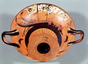Attyka czarnofigurowa filiżanka przedstawiająca greckie żaglowce, ok. 520 pne (ceramika) autorstwa Nikosthenes