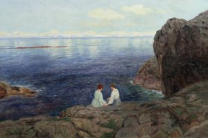 Spokojny letni wieczór na norweskim wybrzeżu (olej na płótnie)