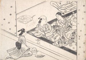 Lady Playing Shamisen ze swoim kochankiem i opiekunem w pobliżu.