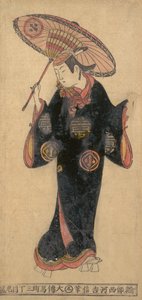 Aktor Arashi Wakano jako młodzieniec wakashu w płaszczu przeciwdeszczowym kappa, ca. 1725, ok. 1725 r. 1725. autorstwa Nishikawa Yoshinobu