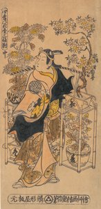 Aktor Ogino Isaburo jako wędrowny sprzedawca kwiatów, ca. 1738., ok. 1738. 1738.