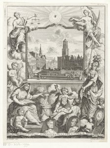 Stadsgezicht met Domkerk te Utrecht en allegorie met Utrechtse stedenmaagd Titelpagina voor: Elias de Vries, Dissertatio juridica, de jure naturale ac gentium, seu duobus prioribus juris fontibus, 1745. autorstwa Noach van der Meer (I)