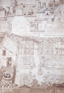 Ogród kamienicy, z parterami i pergolą winorośli, otoczony budynkami, ok. 1677 (pióro i brązowy tusz z brązową lawiną)
