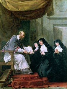 Święty Franciszek Salezy (1567-1622) przekazuje Regułę Nawiedzenia świętej Jeanne de Chantal (1572-1641). autorstwa Noel Halle