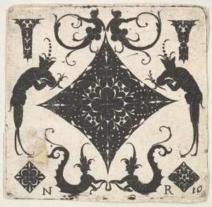 Wklęsły panel w kształcie rombu i figury groteskowe, ca. 1620-30. autorstwa Noel Rouillard