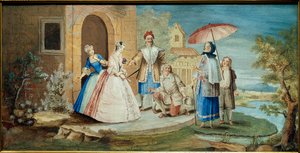 Komik i dramaturg Jean Baptiste Poquelin dit Moliere (jedno kolano na ziemi) i jego komicy w utworze Georges Dandin ou le mari pomylony””” w 1668 r. Christmas Painting Coypel (1628-1707) 1668 Kolekcja Jacques Lorcey