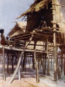 In the Pile Dwellings w Hanuabadzie, Port Moresby, Nowa Gwinea Brytyjska (kolor lito) autorstwa Norman Hardy