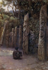 Kamień „Demits”, czyli Dusze, z towarzyszącymi im drewnianymi figurami, Wyspa Malekula, Nowe Hebrydy (kolor lito) autorstwa Norman Hardy