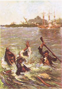 Łódź zatonęła przy rufie na trzy stopy wody, z Treasure Island opublikowanej przez MacDonalda 1947 (kolor lito) autorstwa Norman Mills Price
