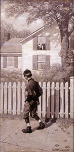 Magiczny futbol „Tommy pojawił się w oknie na piętrze”. (Chłopiec ze świną) autorstwa Norman Rockwell