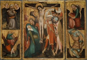 Tryptyk Ukrzyżowanie ze świętymi Antonim, Krzysztofem, Jakubem i Jerzym, ok. 1400 (tempera i olej (szacunkowo) na płycie)