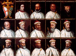 Herb Republiki Genowej i portrety Dożów - Simone Boccanegra, Ottaviano Fregoso i Antoniotto II Adorno; Andrei Dorii. Oberto Cattaneo Lazzari, Battista Spinola, Battista Lomellini, Cristoforo Grilaldi Rosso, Giovanni Battista Doria