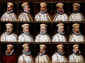 Herb Republiki Genowej i portrety Dożów. Gio Battista Gentile Pignolo, Nicolò Doria, Gerolamo De Franchi Toso, Gerolamo Chiavari, Ambrogio Di Negro, Davide Vacca (lub Vaccari), Battista Negrone, Gio Giustiniani Campi, Antonio Grimal