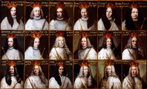 Herb Republiki Genowej i portrety Dożów. Giovanni Battista Cattaneo, Francesco Invrea, Negrone Bendinelli, Francesco Maria Sauli, Girolamo De Mari, Federico De Franchi, Antonio Cebà Grimaldi, Honored Stefano Ferreti, Domenico De Ma