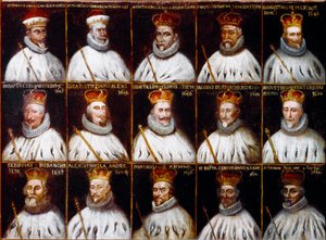 Herb Republiki Genowej i portrety Dożów. Giovanni Stefano Doria, Francesco Gio Brignole Sale, Agostino Pallavicini, Giovanni Battista Durazzo, Agostino Giovanni De Marini, Giovan Battista Lercari, Luca Giustiniani, Giovanni Battista L autorstwa Northern Italian School