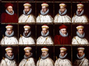Herb Republiki Genowej i portrety Dożów. Silvestro Invrea, Gerolamo Assereto, Agostino Pinello Luciani, Alessandro Giustiniani Longo, Tomaso Spinola, Clavarezza Bernardo, Giovanni Giacomo Imperiale (Tartaro), Pietro Durazzo, Ambrog