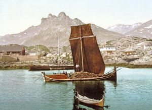 Łódź Nordland z ładunkiem kłód, Norwegia, 1890-1900
