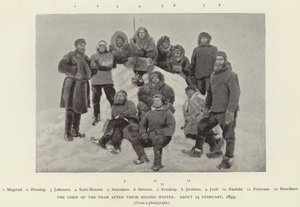 Załoga Framu po drugiej zimie, około 24 lutego 1895 (zdjęcie czarno-białe) autorstwa Norwegian Photographer