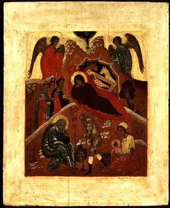 Ikona Narodzenia, Pokłon Trzech Króli i Kuszenie św. Józefa, ok. 1500 (złota listka i tempera na desce)