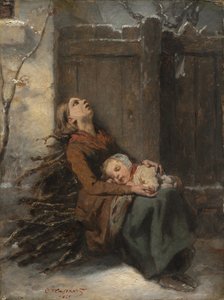 Bezużyteczna martwa matka trzymająca śpiące dziecko zimą, ok. godz. 1850.