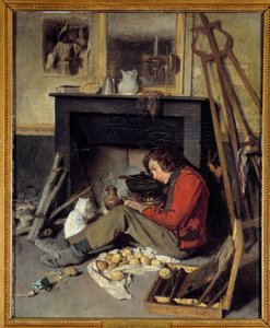 Wnętrze warsztatu Malarz przy kominku. Obraz Octave Tassaert (1800-1874) 1845 Nd. 0,46x0,38 m²