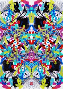 Zen Ink Niebieski Czerwony Żółty Kwiatowy wzór, 2023 (akryl na papierze, cyfrowy) autorstwa Odilia W. Y. Fu