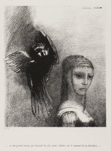 A duży ptak schodzący z nieba rzuca się w najwyższy punkt jej włosów, płyta 3 z 10, 1888 autorstwa Odilon Redon