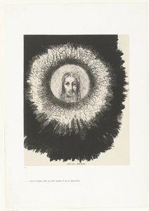 A w tarczy słońca zaświeciła twarz Chrystusa.” ...et dans le disque même du soleil, rayonne la face de Jésus-Christ (tytuł na obiekcie) Tentation de Saint-Antoine (1) (tytuł serii) Kuszenie św. Antoniego (tytuł serii) autorstwa Odilon Redon