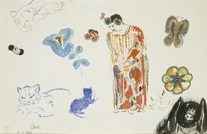 Arkusz studiów: kobieta, kwiaty i zwierzęta autorstwa Odilon Redon