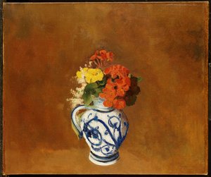 Pelargonie i inne kwiaty w kamionkowym wazonie autorstwa Odilon Redon