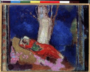 „Młoda kobieta leżąca pod drzewem” (Kobieta leżąca pod drzewem) Obraz Odilona Redona (1840-1916) 1900-1901 Gwasz i tempera. Nabis. Ermitaż, Sankt Petersburg (Sankt-Petersburg) autorstwa Odilon Redon