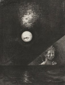 Na horyzoncie anioł pewności, a w ponurym niebie pytające oko, płyta czwarta z To Edgar Poe autorstwa Odilon Redon