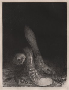 Kuszenie św. Antoniego: opadają kwiaty i pojawia się głowa pytona, 1896. autorstwa Odilon Redon
